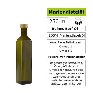 Mit unserem 250 ml Mariendistelöl hast du die ideale Ergänzung an essentiellen Fettsäuren, wichtig für die Gesundheit deines Vierbeiners